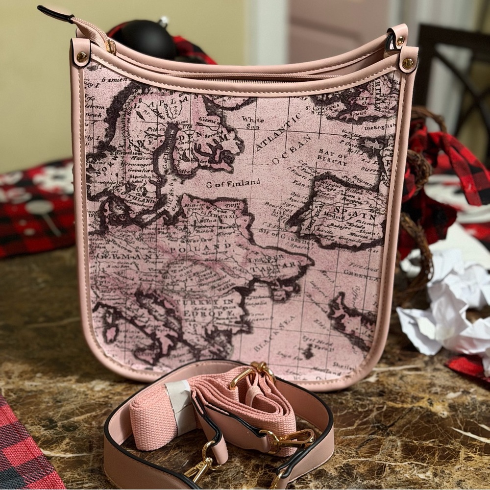 Vintage Map Print Crossbody Bag in Pink